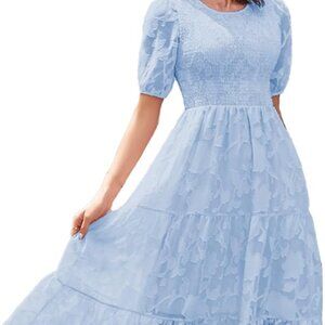 NEW SDEER Women's Casual Floral Dress Summer Puff Sleeve Smocked Elastic Waist